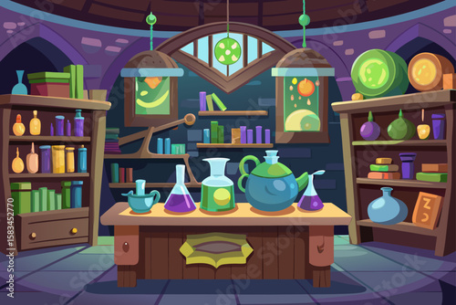 Cartoon Potion Shop With Bubbling Flasks Shelves And Bottles  