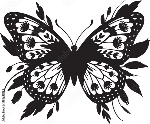Black butterfly with floral embellishments and delicate patterns silhouette botanical