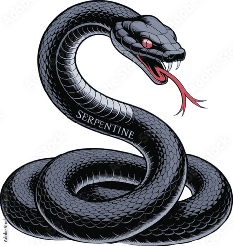 Black coiled serpent with red eyes and forked tongue snake reptile