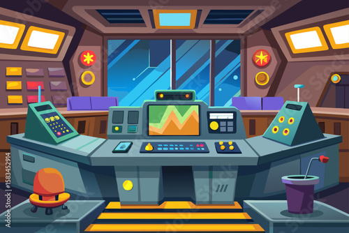 Cartoon Style Control Room With Buttons Monitors And Screens  