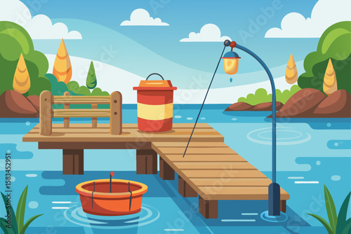 Cartoon Style Fishing Dock With Bucket Tackle Box And Rod  