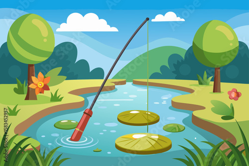 Cartoon Style Fishing Rod By Calm Pond With Lily Pads  