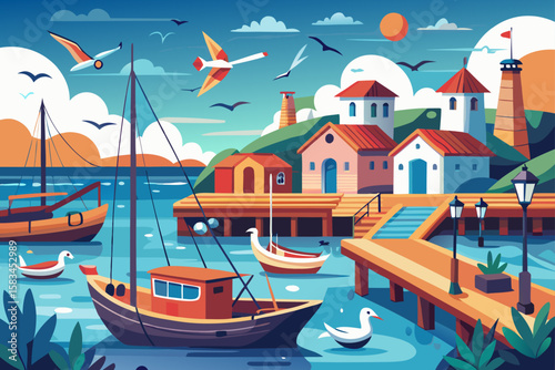 Cartoon Style Harbor With Boats Pier And Seagulls  
