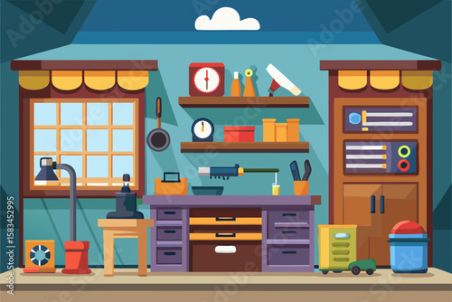 Cartoon Style Garage Workspace With Shelves Tools And Bench  