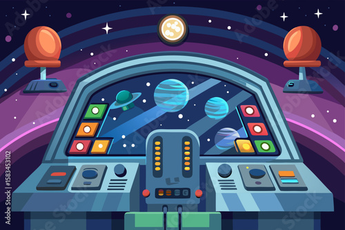 Cartoon Style Spacecraft Cockpit With Stars Visible Outside  