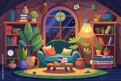 Cartoon Style Reading Nook With Books Plants And Lamp  