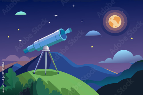 Cartoon Telescope On Hilltop Pointed At Night Sky  