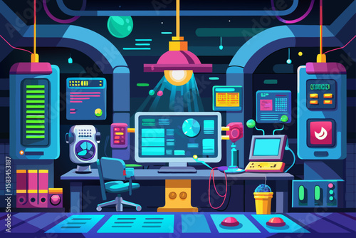 Cartoon Tech Lab With Gadgets Monitors Wires And Screens  