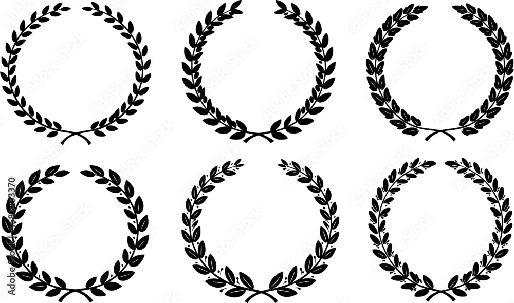 Fototapeta premium Laurel wreath set of black circular foliate laurels branches. Set of wreaths and branches with leaves. Vintage laurel wreaths collection. Set black silhouette circular laurel foliate