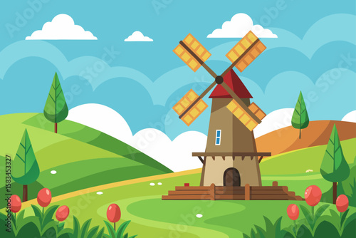 Cartoon Windmill On Hill With Spinning Blades And Clouds  
