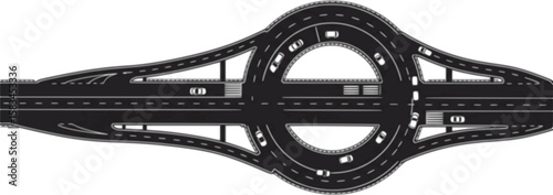 City road and highway top view. Street and road with footpaths and crossroads. Highway top view. Circle and curve roadway parts. Track asphalt junction. Automobile traffic. Vector illustration