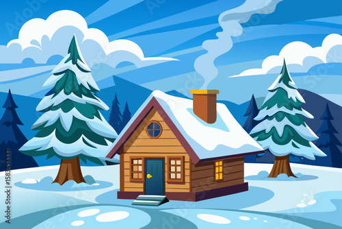 Cartoon Winter Cabin With Smoke Coming From Chimney  