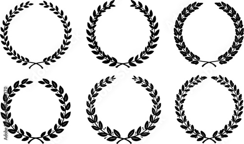 Laurel wreath set of black circular foliate laurels branches. Set of wreaths and branches with leaves. Vintage laurel wreaths collection. Set black silhouette circular laurel foliate