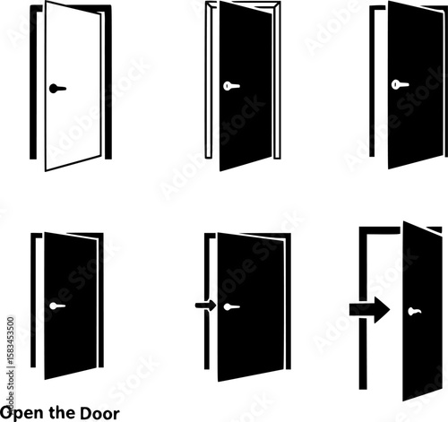 Door icon set. Open the door icon. Door front vector icon. Vector illustration
