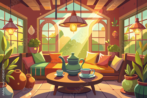Cozy Tea Room With Cushions Teapots And Window Seat  