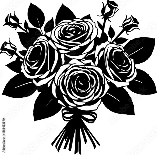 Elegant rose bouquet illustration: a beautiful black and white design with blooming roses, buds, and foliage tied with a ribbon, perfect for wedding invitations, romantic greeting cards