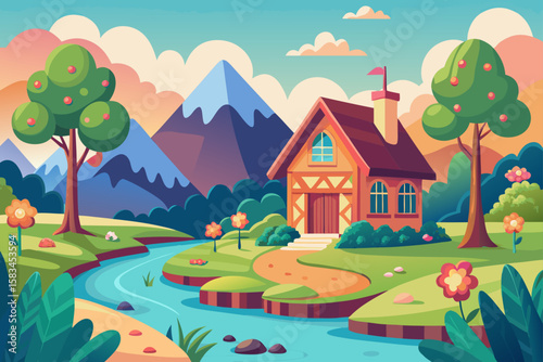 Cute House By Flowing River With Flowers And Trees  
