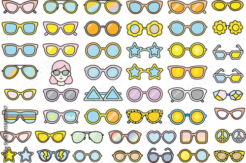  Set of colorful sunglasses icons. Collection of fashion eyewear with various frame shapes and styles. Vector illustration.