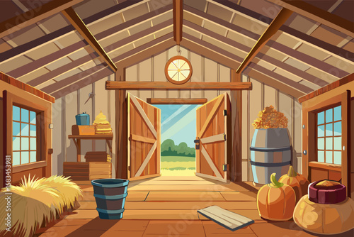 Inside Wooden Barn With Hay Bales Tools And Open Door  