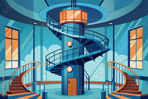 Lighthouse Interior With Spiral Stairs And Control Panel  