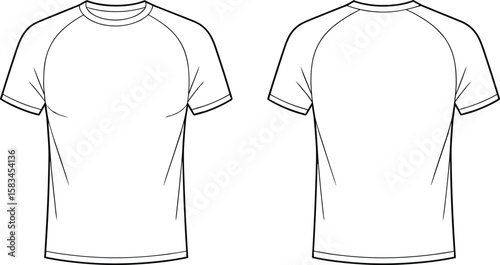 Short sleeve raglan t-shirt flat sketch front and back vector for men unisex fashion CAD apparel technical drawing