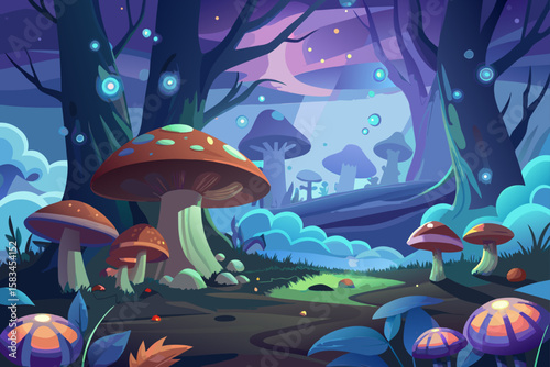 Mushroom Forest With Glowing Fungi Logs And Magic Dust  