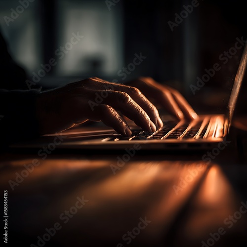 Fingers Typing on Laptop Keyboard in Dramatic Lighting, Night Work Concept