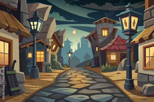 Old Village Street With Lanterns Houses And Stone Walls  