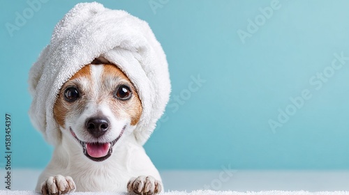 Adorable happy dog enjoying relaxing moment on blue background, with towel turban on head. Ideal for pet care promotions, wellness articles and lighthearted social media posts photo