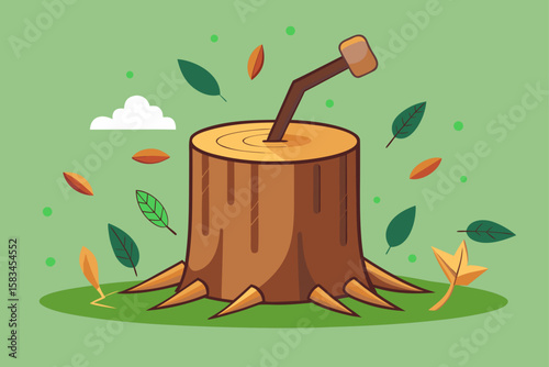 Simple Tree Stump With Axe And Scattered Leaves  
