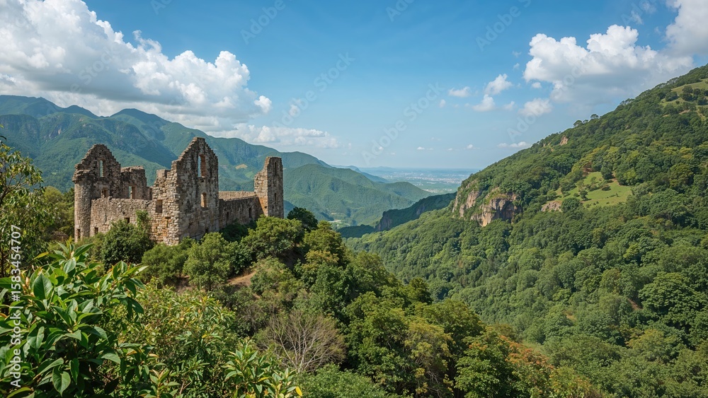 Obraz premium Incredible old fortress perched atop a jungle-covered peak