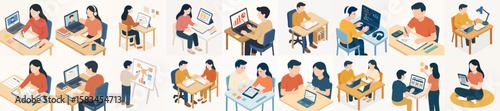 Isometric Diverse Group of People Working and Studying at Tables Illustration