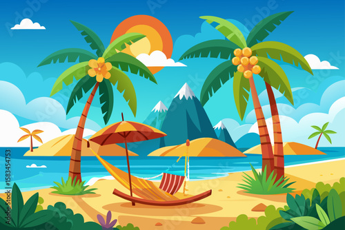 Tropical Island Beach With Surfboard Coconut Tree And Sand  