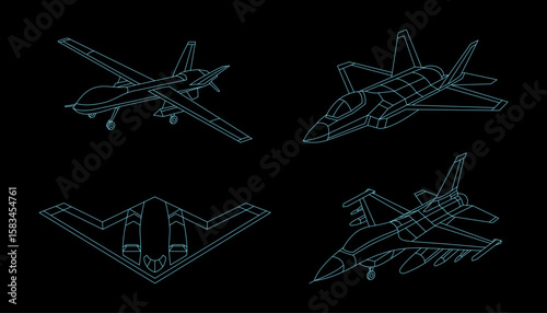 Fighter Jet Line Drawing Vector on Black Background