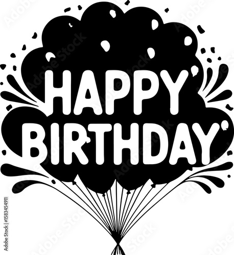 A festive "Happy Birthday" text design surrounded by a burst of balloons and confetti, creating a joyful and celebratory visual perfect for cards, party invitations, and birthday-themed decorations.