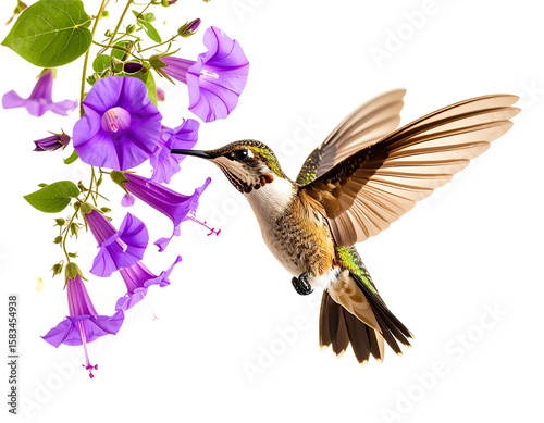 Realistic Hummingbird Hovering Near Purple Morning Glory Vine in Soft Sunrise Light, PNG