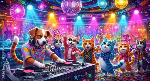 Vibrant disco scene featuring a dog DJ and dancing cats under shimmering disco balls and colorful
