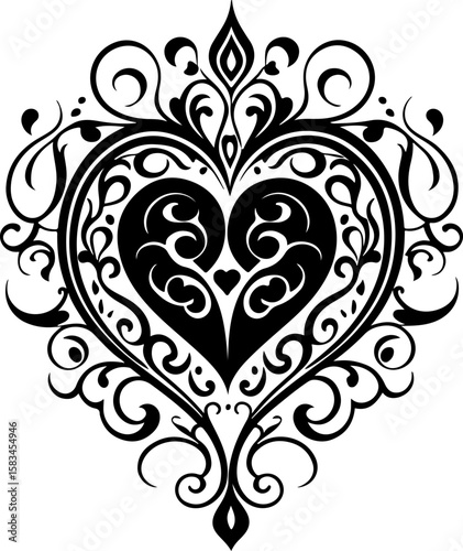 Elegant ornamental heart with intricate filigree: a stunning baroque-inspired design perfect for luxurious wedding invitations, romantic greeting cards, sophisticated branding, and decorative art 