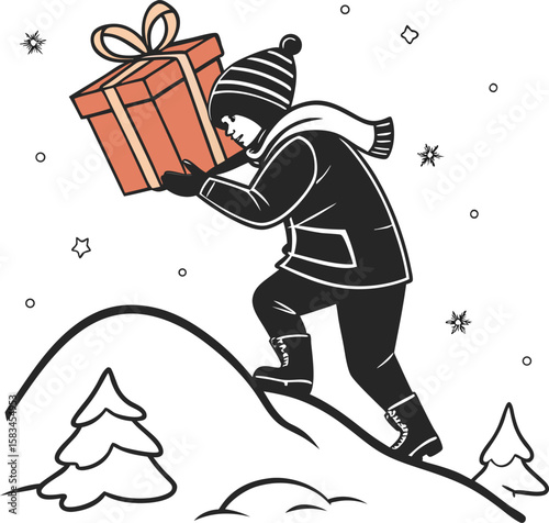 Cartoon vector illustration of Santa Claus with gifts and children having fun skiing in the winter snow
