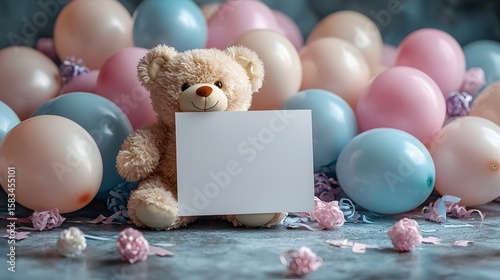 A cheerful get well soon gift card surrounded by colorful balloons and a soft teddy bear
