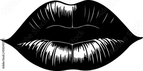 A captivating black and white illustration of full, sensuous lips with subtle highlights, creating a classic and elegant visual ideal for beauty, fashion, or stylized artistic designs.