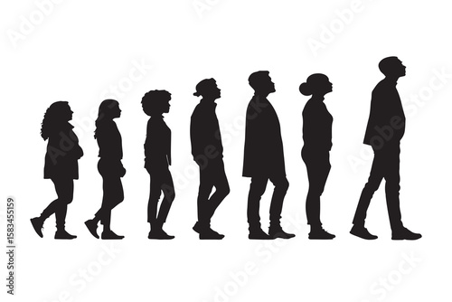 Diverse group of people in silhouette walking in a line looking upwards isolated on white background
