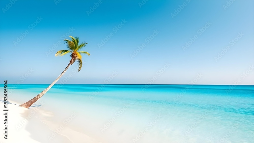 Obraz premium Paradise Beach: Leaning Palm Tree on White Sand, Turquoise Ocean.