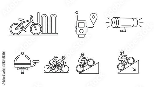 Bicycle Line Icon Set – Thin Vector Outline of Mountain Bike, Parking, Tracker, Light, Bell, and Group Ride


