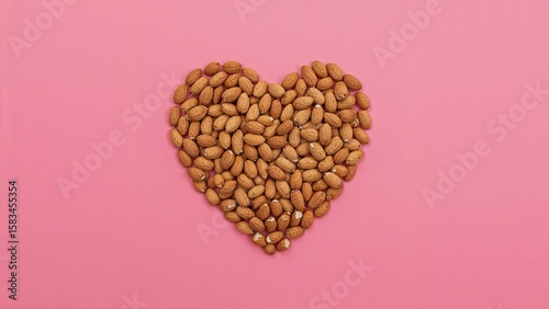 Almonds shaped into a heart on a pink background, isolated. Overhead flat lay. Natural food. Valentine's Day motif.