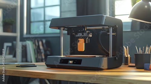 A photo-realistic 3D printer on a wooden desk, creating a customized phone case, showcasing the fusion of lifestyle and technology.