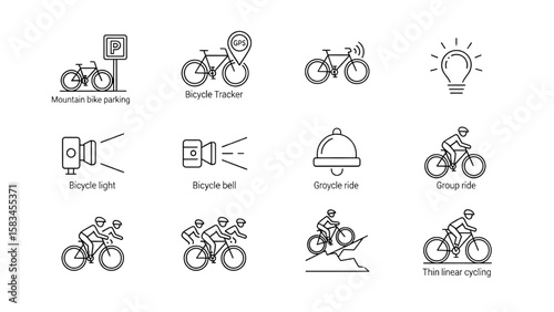 Bicycle Line Icon Set – Thin Vector Outline of Mountain Bike, Parking, Tracker, Light, Bell, and Group Ride


