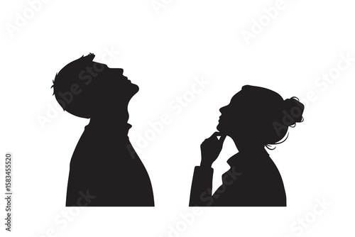 Man and woman silhouettes looking upwards in contemplation or hope isolated on white background silhouette