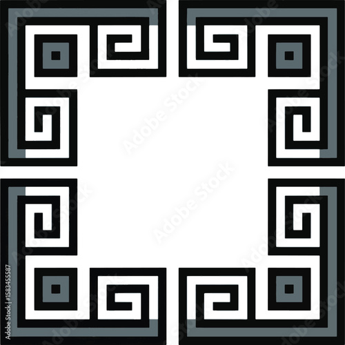 Geometric maze pattern border with black white and grey elements frame