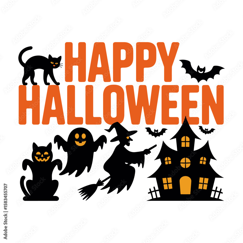 Obraz premium Happy Halloween: A whimsical Halloween scene is set with elements such as a cheerful black cat and bats, along with a spooky haunted house, conveying the eerie spirit of the holiday.